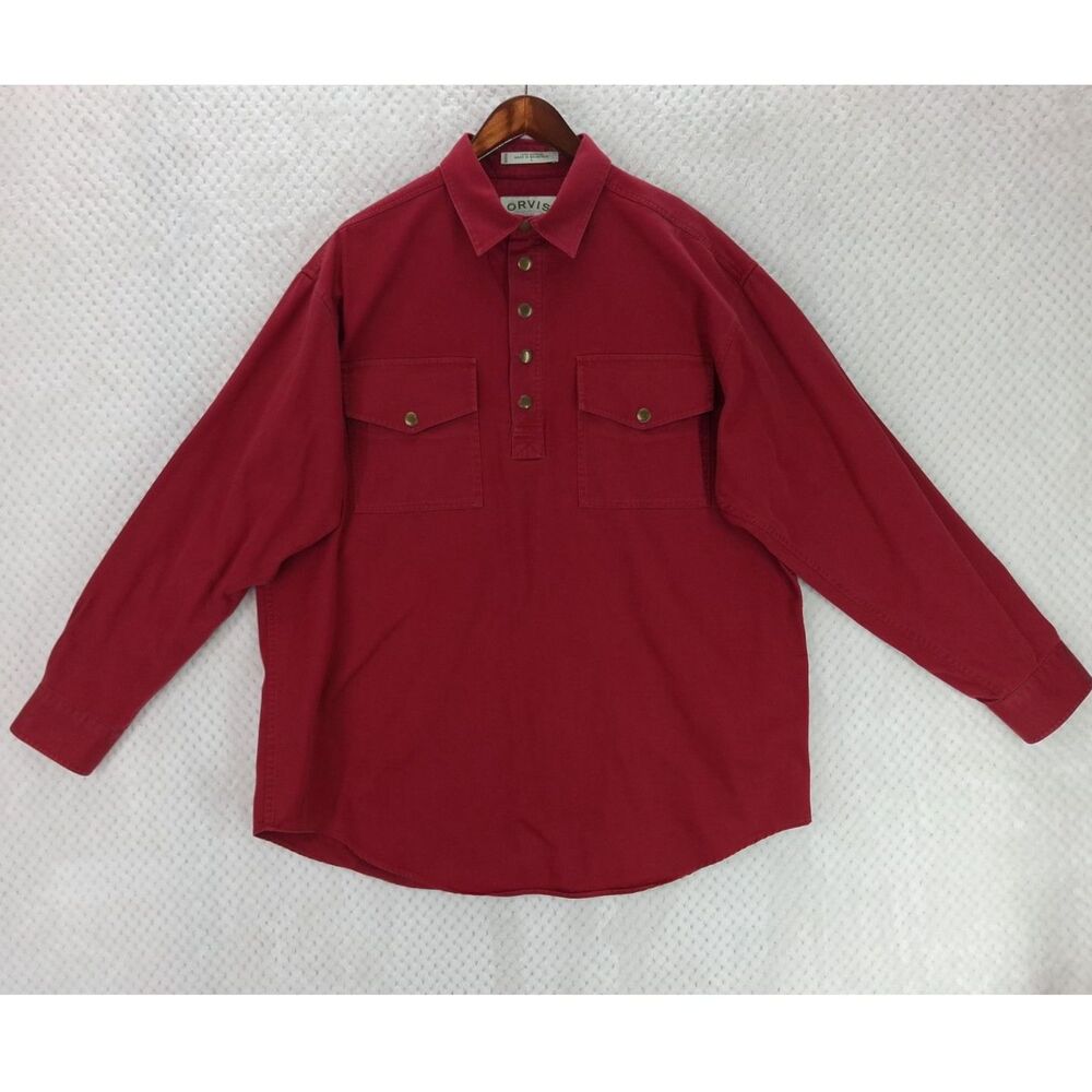 Orvis Malpai Red Long Sleeve Cotton Pullover Shirt Men's Large Heavyweight